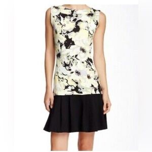 Vertigo Yellow Haze & Black Floral Print Dress With Box Pleated Bottom - S